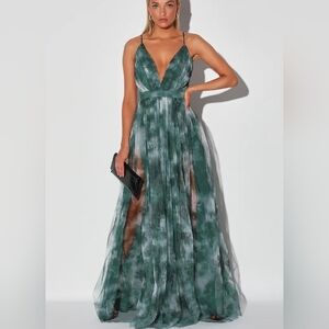 Lulu's Elegant Moment Emerald Green Tie-Dye Backless Maxi Dress Size Large